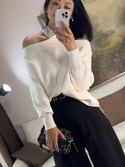 Off-the-Shoulder Fashion Cross Collar Loose Lantern Sleeve Sweater