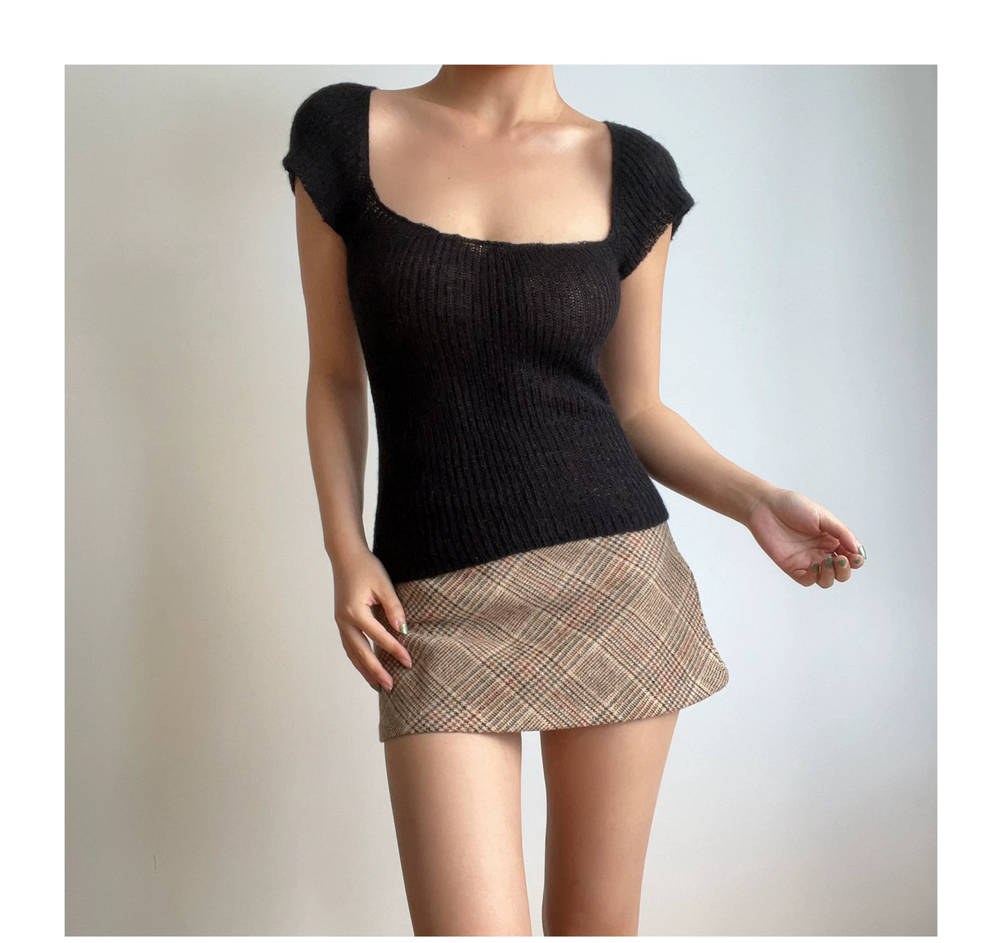 Beran Square Collar Slightly Transparent High Waist Short Sleeve Knitwear