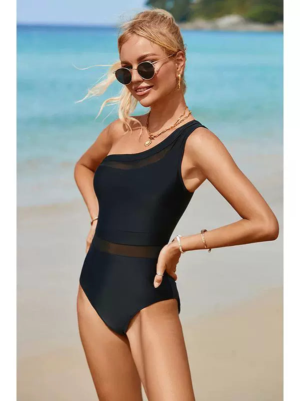 One-Shoulder Diagonal Collar One-Piece Swimsuit Female Fashion New Arrival Slim Cover Belly Mesh Patchwork Quick-Drying Swimwear