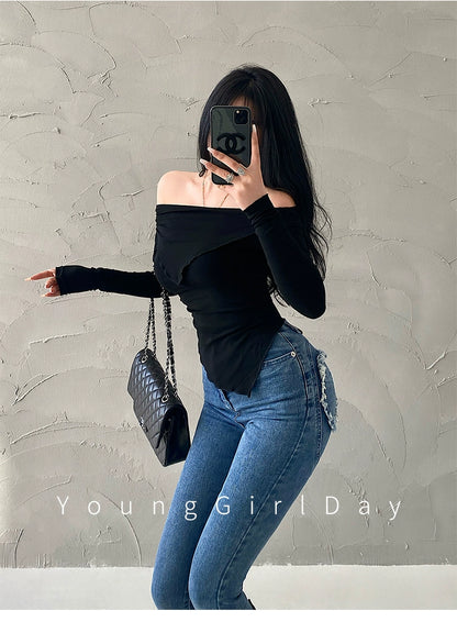 Cuffed off-Shoulder Slim Long Sleeve Top Bottoming T-shirt