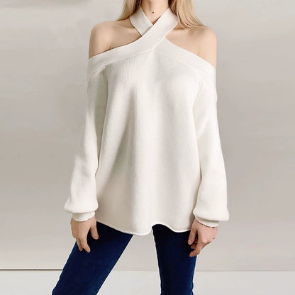 Off-the-Shoulder Fashion Cross Collar Loose Lantern Sleeve Sweater