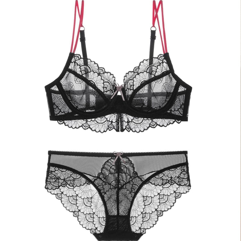 Black Ultra-Thin Lace Bra Natural-looking Sexy Contrast Color Women's Underwear Set Large Size Push up Bra