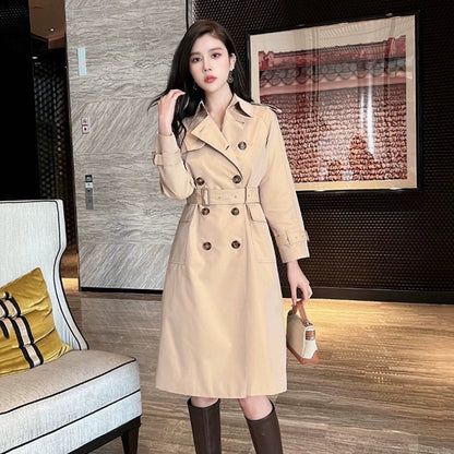 European Station Counter 2024 Spring and Autumn British Style Accessible Luxury Design Elegant Double Breasted Mid Length Long Length Trench Coat Women's Coat