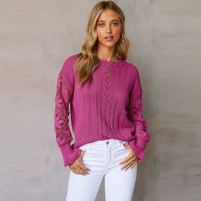 Women's Cut Out round Neck Loose Knitted Pullover Sweater