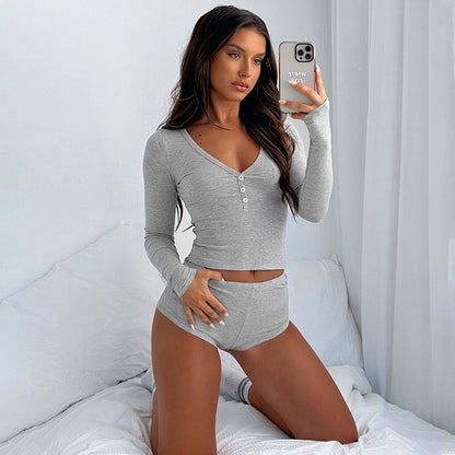 Fashion Style Athleisure Button Half-Open Collar Two-piece pajama Set