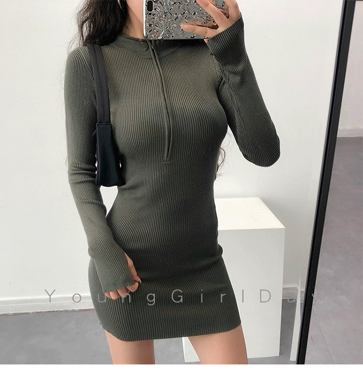 Knitted Long Sleeves Dress with Zipper Sexy Turtleneck