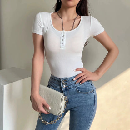 T-shirt round Neck Short Sleeve Fashion Style Stretch Bodysuit