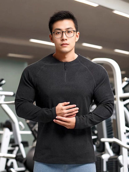 Winter American Style Workout Clothes Large round Neck Half Zipper Sports Long Sleeves T-shirt Men's Stretch Dralon Heattech Undershirt