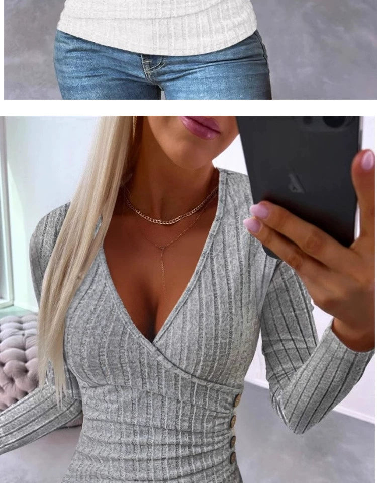 Fashion Fall and Winter Women's Clothing Deep V Sexy Silm Slimming Stripes Button Ruched Sunken Stripe Long Sleeves T-shirt Knitting Bottoming Shirt