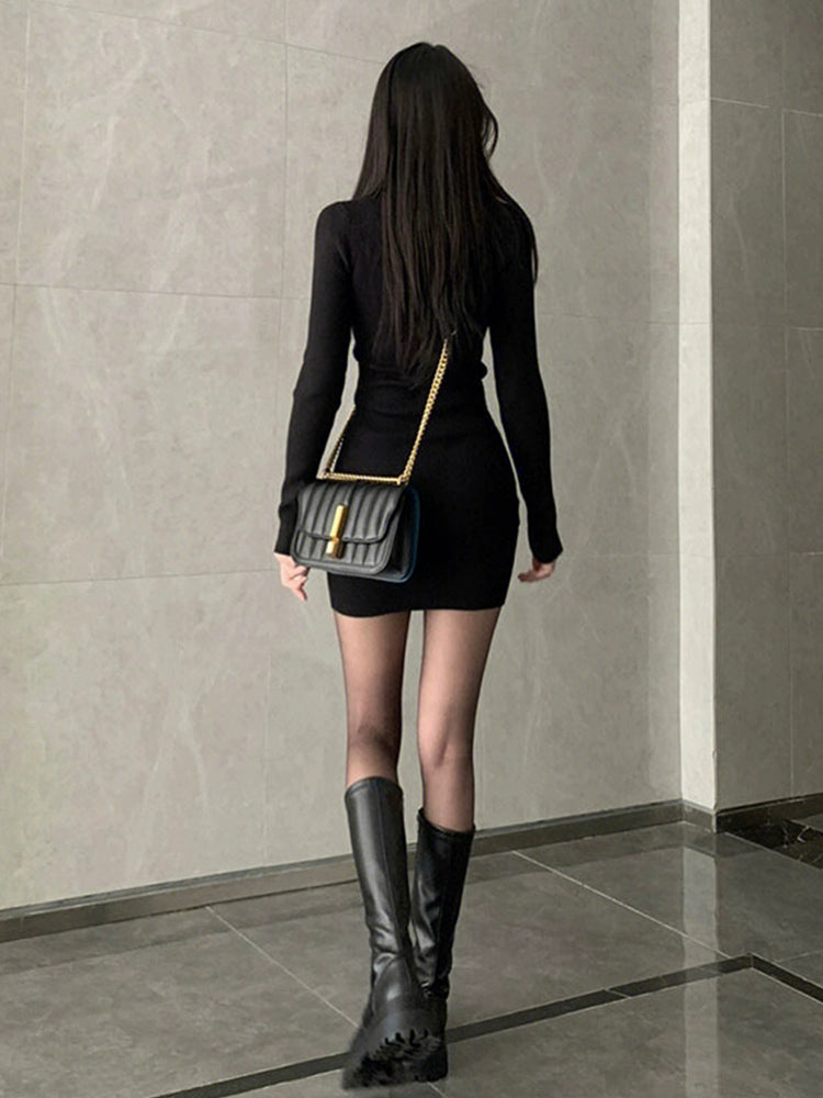 Black Long Sleeves Early Spring Slim-Fit Hip-Wrapped Short Dress