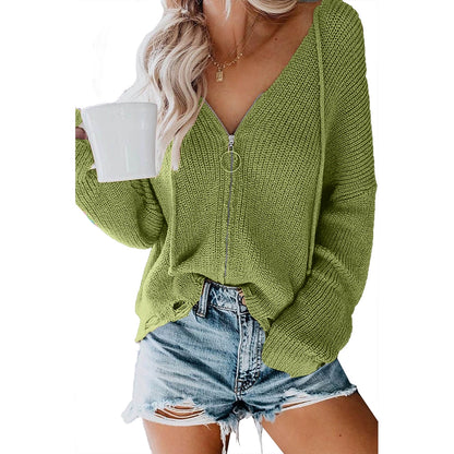 Fashion Thin Long Sleeves Knitwear Female Cardigan Solid Color and V-neck Black Zipper Hooded Jacket Female