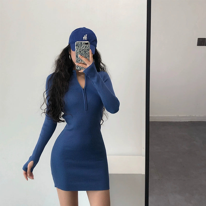 Knitted Long Sleeves Dress with Zipper Sexy Turtleneck