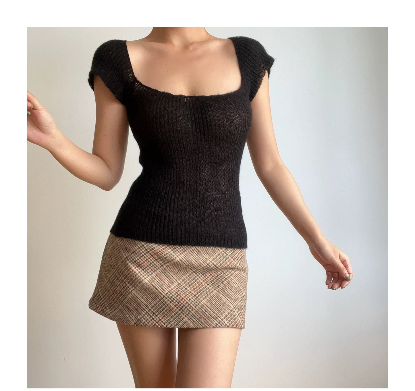 Beran Square Collar Slightly Transparent High Waist Short Sleeve Knitwear