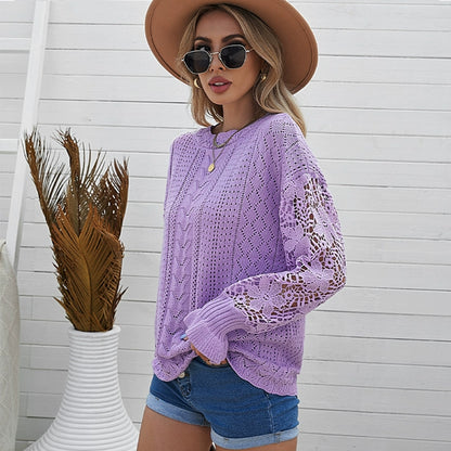 Women's Cut Out round Neck Loose Knitted Pullover Sweater