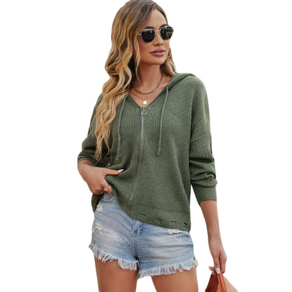 Fashion Thin Long Sleeves Knitwear Female Cardigan Solid Color and V-neck Black Zipper Hooded Jacket Female