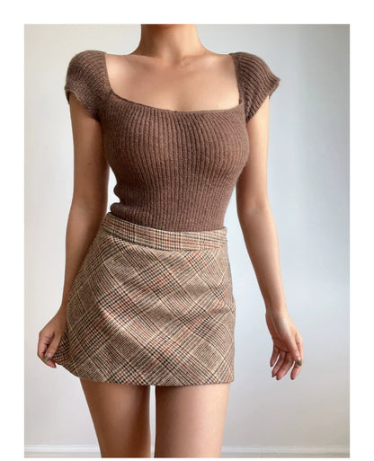 Beran Square Collar Slightly Transparent High Waist Short Sleeve Knitwear