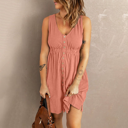 Summer New Arrival Niche Style Front Row Buttons Sleeveless Dress