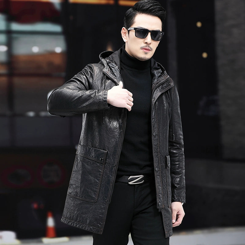 Genuine Leather Clothes Men's Hooded Mid Length Long Length Trench Coat Outwear Oil Wax First Layer Cowhide Mulberry Cotton down Jacket Large Overcoat Winter