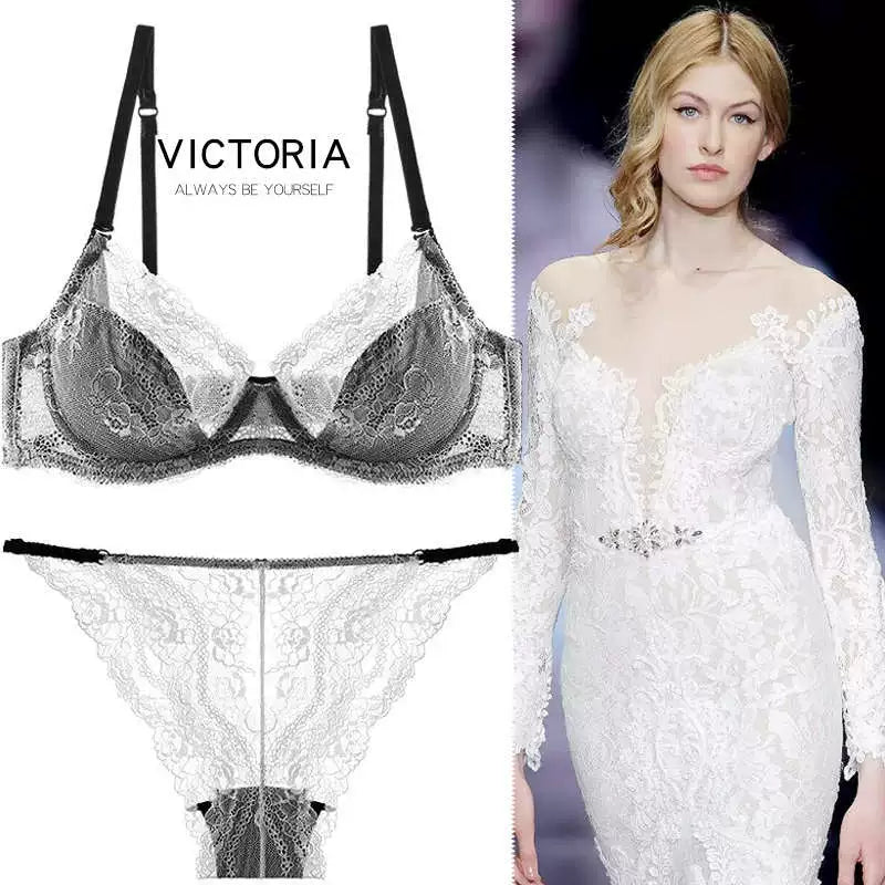 Victoria Sexy Seduction Lace Bra Set Thin Push up Women's Intimates Summer Ultra-Thin Chest