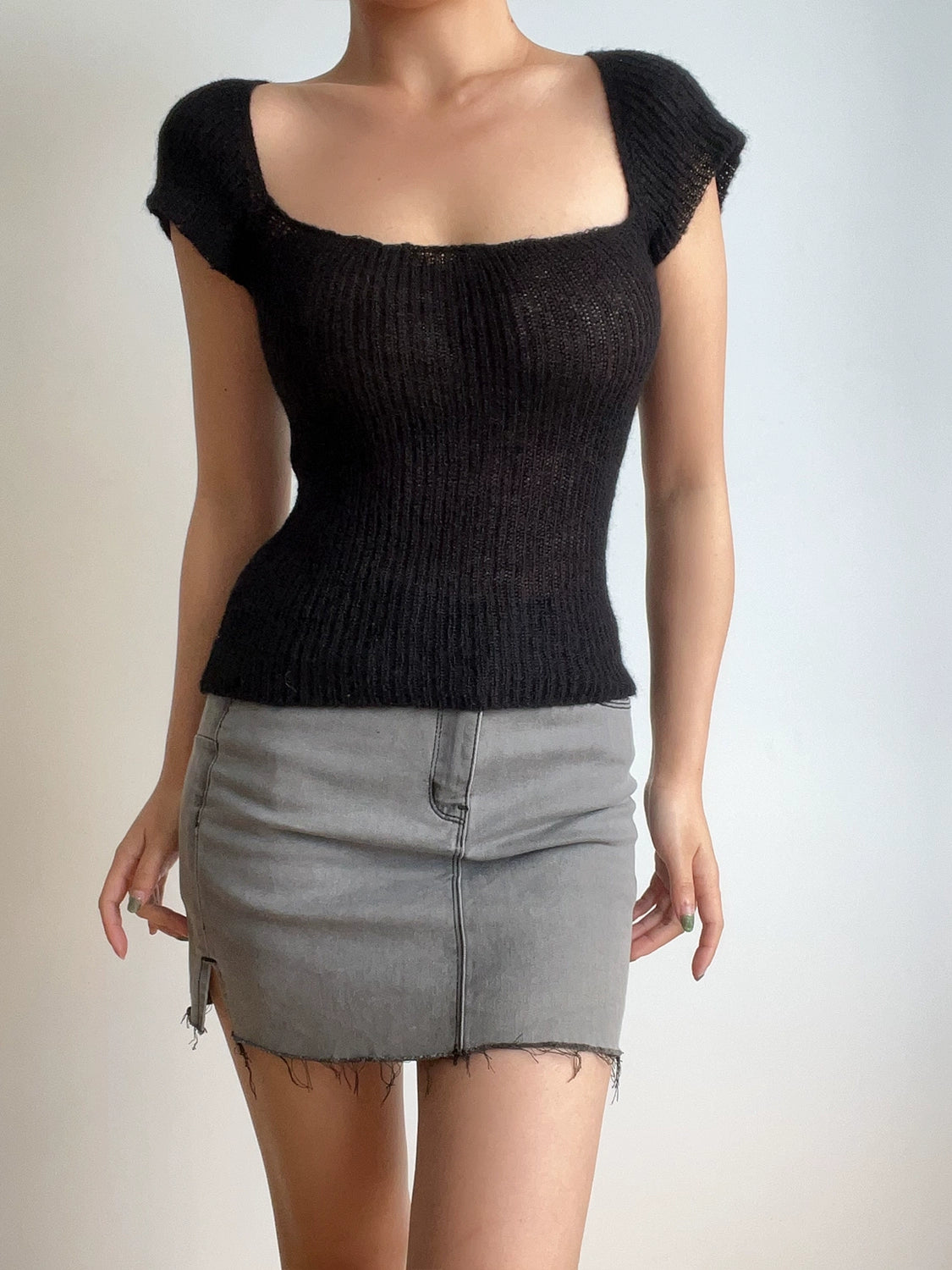 Beran Square Collar Slightly Transparent High Waist Short Sleeve Knitwear