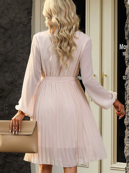 Pure Color Long Sleeves Thin Dress Women Fashion Fashion High Waist Lace up Casual Wind Knee-Length Skirt Women