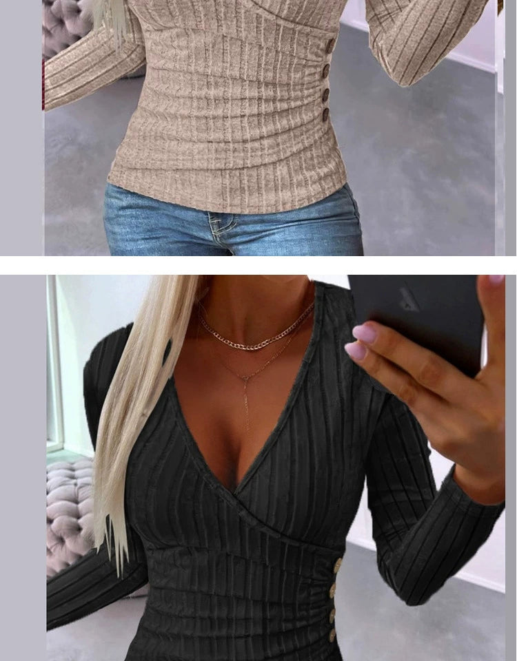 Fashion Fall and Winter Women's Clothing Deep V Sexy Silm Slimming Stripes Button Ruched Sunken Stripe Long Sleeves T-shirt Knitting Bottoming Shirt