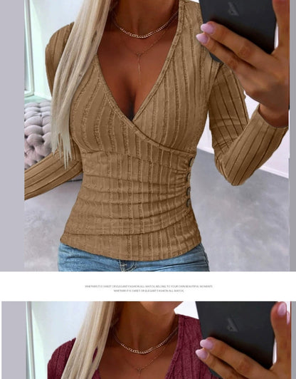 Fashion Fall and Winter Women's Clothing Deep V Sexy Silm Slimming Stripes Button Ruched Sunken Stripe Long Sleeves T-shirt Knitting Bottoming Shirt