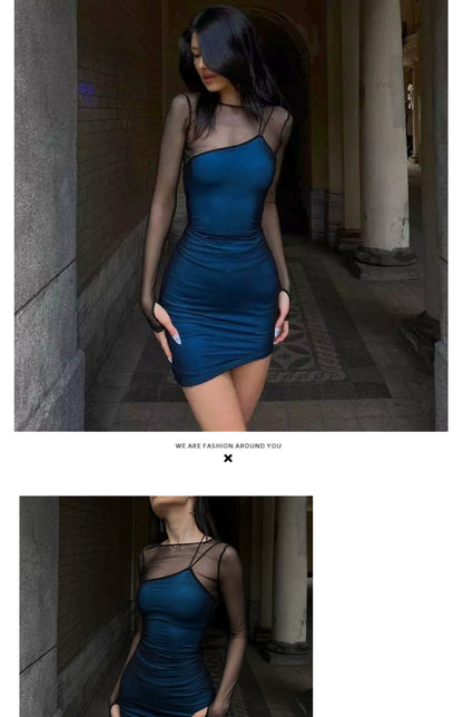 French Style Temperament round Neck Long Sleeves Wrap Skirt Sexy Mesh Stitching See-through European and American Style Dress Slim Looking