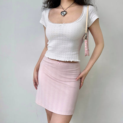 Fashion Style Sweet Sunken Stripe Jacquard Short T-shirt Women's Summer Lace Lacework round-Neck Short Sleeve