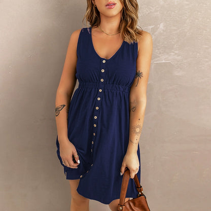 Summer New Arrival Niche Style Front Row Buttons Sleeveless Dress