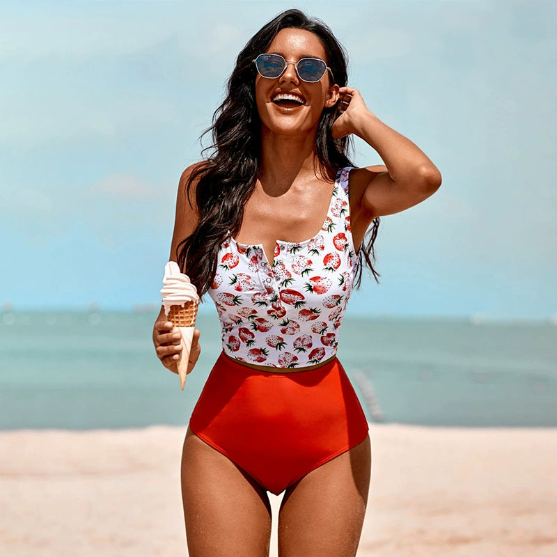 Fashion High Waist Bikini Suit Amazon Floral Print Sling Separates Swimsuit Swimwear 2-Piece Set 411478