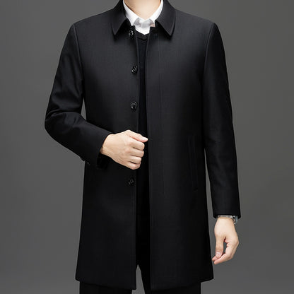 Mid Length Long Length Trench Coat Men's Winter Thickened Middle-Aged Loose Detachable down Feather Liner Dad Cadre Outwear