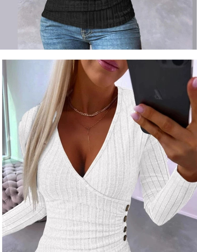 Fashion Fall and Winter Women's Clothing Deep V Sexy Silm Slimming Stripes Button Ruched Sunken Stripe Long Sleeves T-shirt Knitting Bottoming Shirt