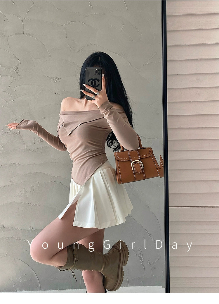 Cuffed off-Shoulder Slim Long Sleeve Top Bottoming T-shirt