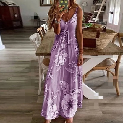 Women Green Floral Print V-Neck Long Dresses Casual Bohemian Sleeveless Women Beach Party Dress