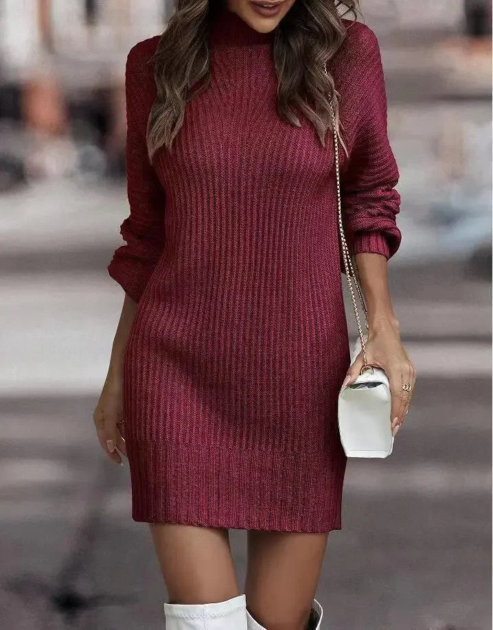 High Collar Long Sleeve Knitted Sweater Dress, Casual Dresses, Monochromatic, New Fashion, Autumn and Winter