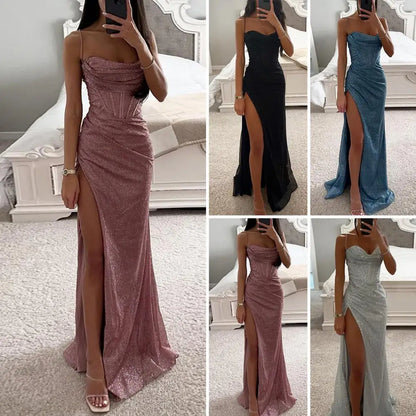 Versatile Party Dress Elegant Sequin Spaghetti Strap Evening Dress with Off Shoulder High Split for Women's Prom Floor Length