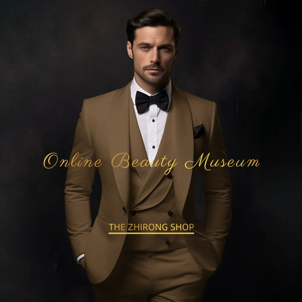 Elegant Biege Tuxedo Suit for Men 3 piece set Jacket Vest Pants Classic Attire for Wedding Dating Host Prom Ball Party