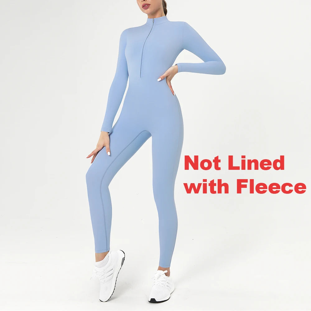 Warm Longsleeve Jumpsuts Women Thickened Sport Overalls Gym Set Zipper Fitness Bodysuits Winter Jumpsuit Workout Tracksuit