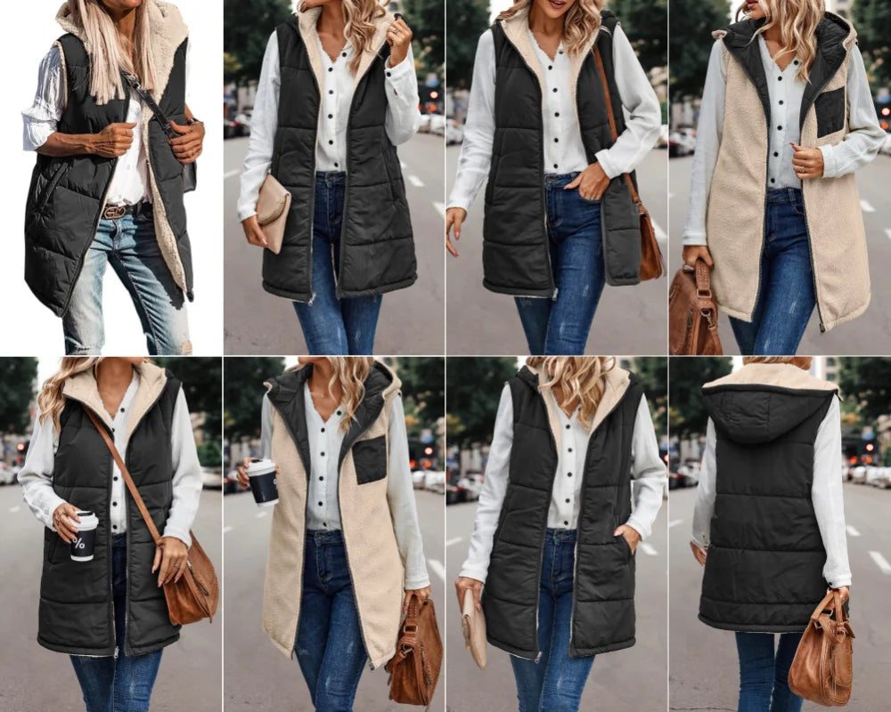 Winter Women's Vest Fleece Hooded Reversible Sleeveless Women's Jacket Faux Wool Vest Fashion Street Women's Clothing S-5XL