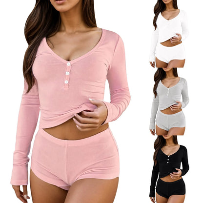 Women Long Sleeve Tops And Shorts Suit Slim Fit Casual Sleep Shirt Shorts Set Casual Solid Color Lightweight Comfy Nightshirt