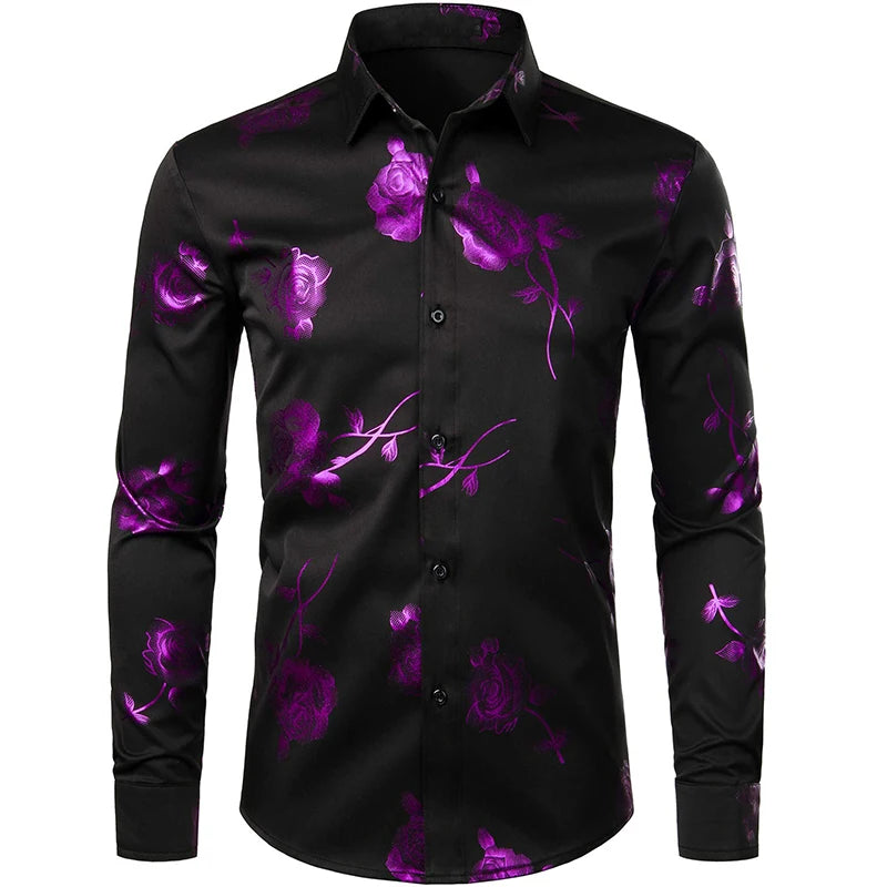 Men's Gold Shirt 3D Rose Print Slim Fit Button-Down Party Dress Shirt Athleisure Fashion Comfortable Long Sleeve