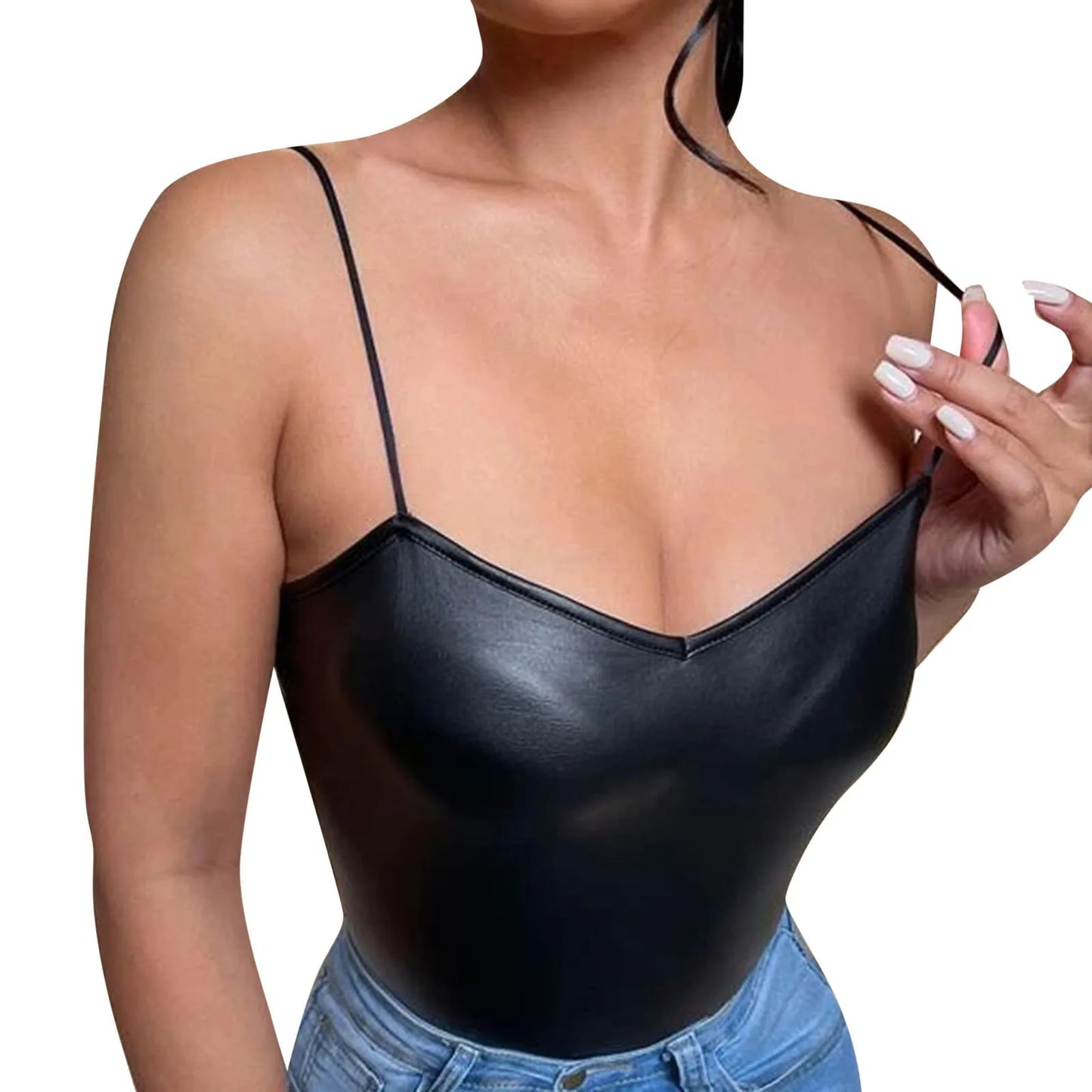 Sexy Black Leather Crop Top Women's Spaghetti Straps Tank Tops Camisole Summer Vest Fashion Club Party Wear Tank Tops Tee