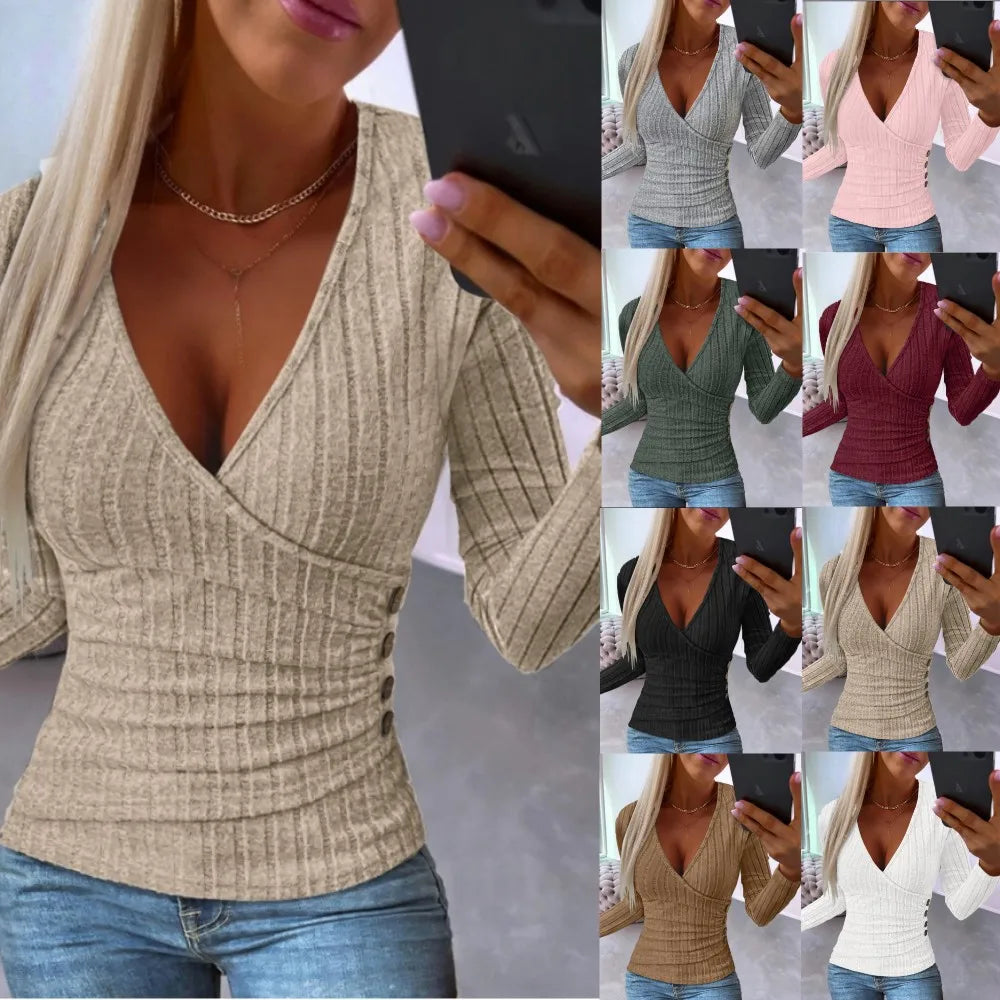 Sexy V Neck Long Sleeve Shirt Blouse Office Lady Fashion Elegant Solid Knited Shirt For Women 2023 Spring Autumn Female Tops