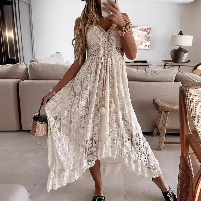 Elegant Dress 2024 Summer New V-neck Lace Hanging Strap Large Swing Solid Color Long Dress For Evening Party