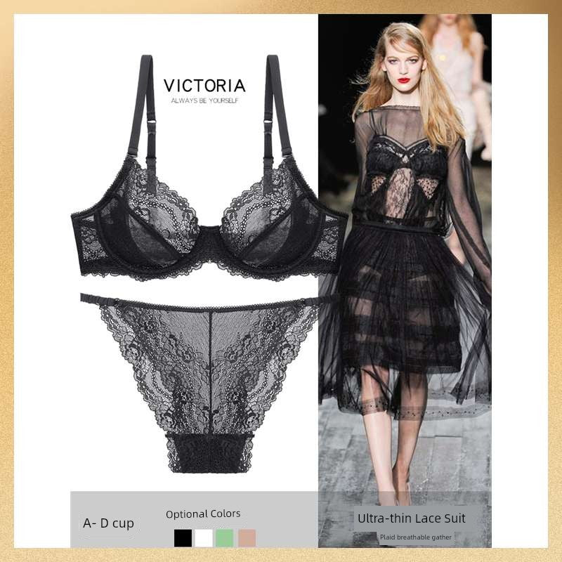 Victoria Sexy Seduction Lace Bra Set Thin Push up Women's Intimates Summer Ultra-Thin Chest