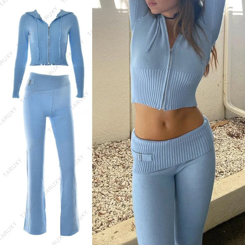 Autumn New Knitted Hoodie Set Women's Fashion Brand Solid Color Sexy High Waist Long Sleeve Pants Two Piece Set