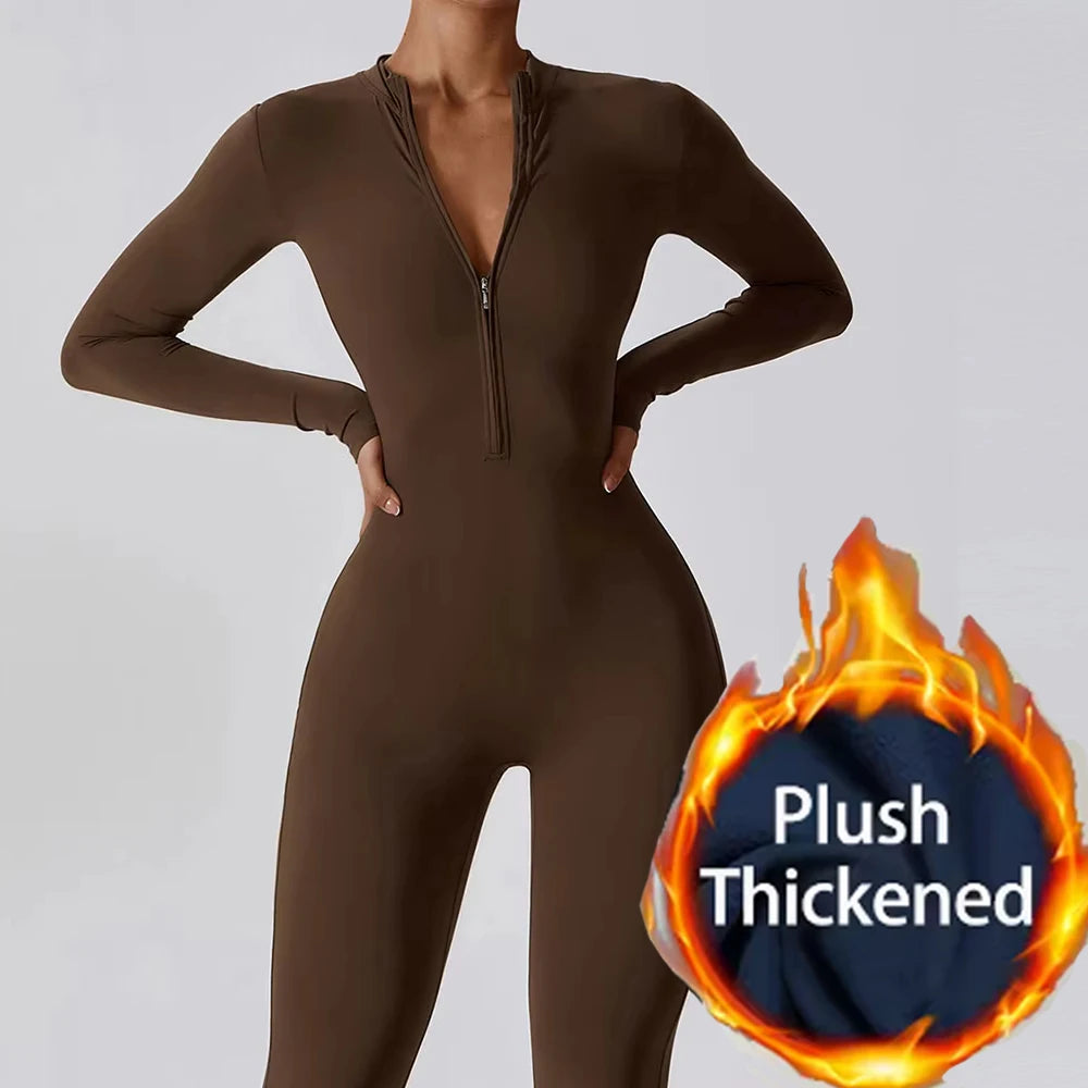 Warm Longsleeve Jumpsuts Women Thickened Sport Overalls Gym Set Zipper Fitness Bodysuits Winter Jumpsuit Workout Tracksuit