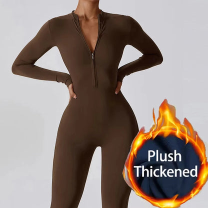 Warm Longsleeve Jumpsuts Women Thickened Sport Overalls Gym Set Zipper Fitness Bodysuits Winter Jumpsuit Workout Tracksuit