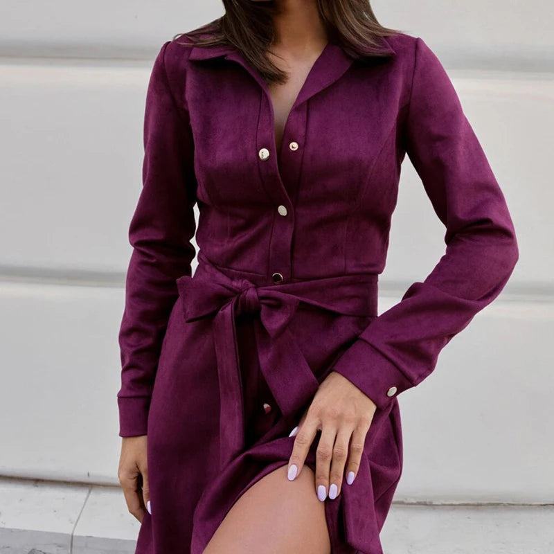 Commuter 2024 Solid Turn Down Collar Office Dress Women Elegant Long Sleeve High Street Office Dress Fashion Lace-up Mini Dress